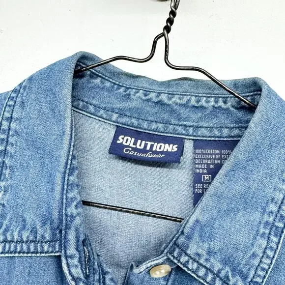 Vintage 90s Solutions Denim Floral Embroidered Long Sleeve Button Up Top Size M - Picture 2 of 3